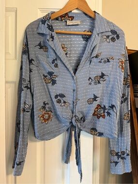 Dusty Blue Floral Tie-Front Button Shirt - Women by Dress Forum Los Angeles